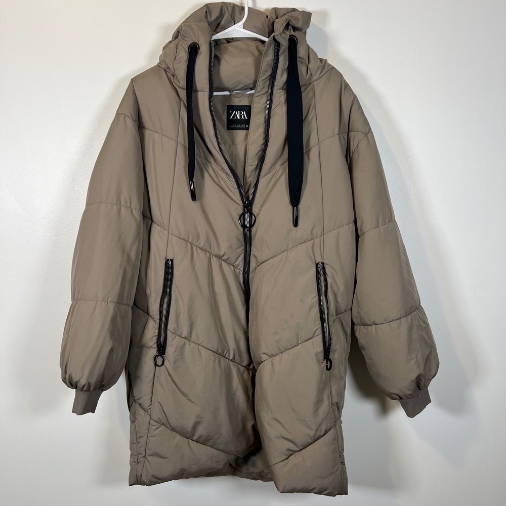 Zara Men Tan Puffer Jacket Hooded Chevron Quilted Parka Coat Brown Small